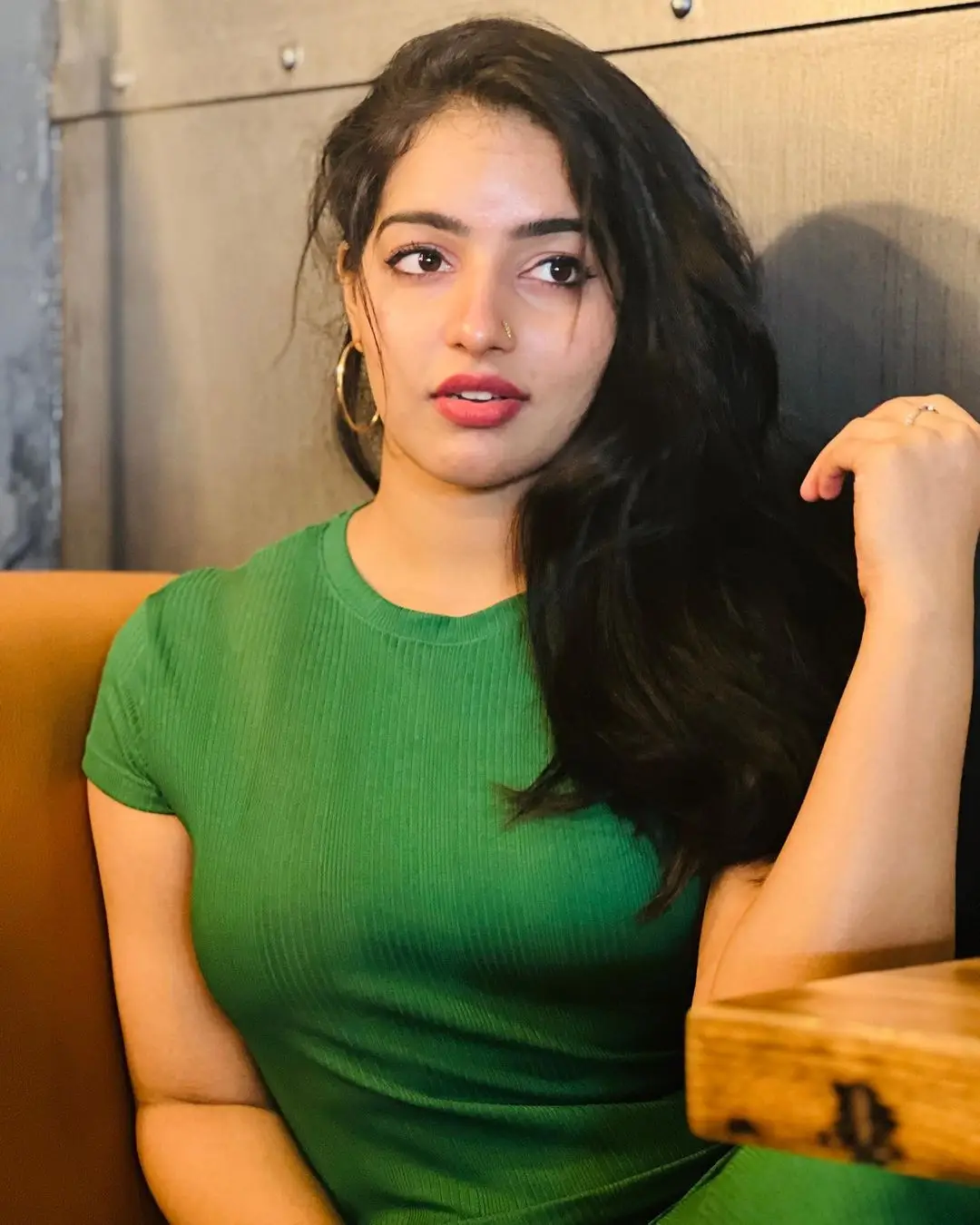 Malayalam Girl Malavika Menon In Green Dress Long hair